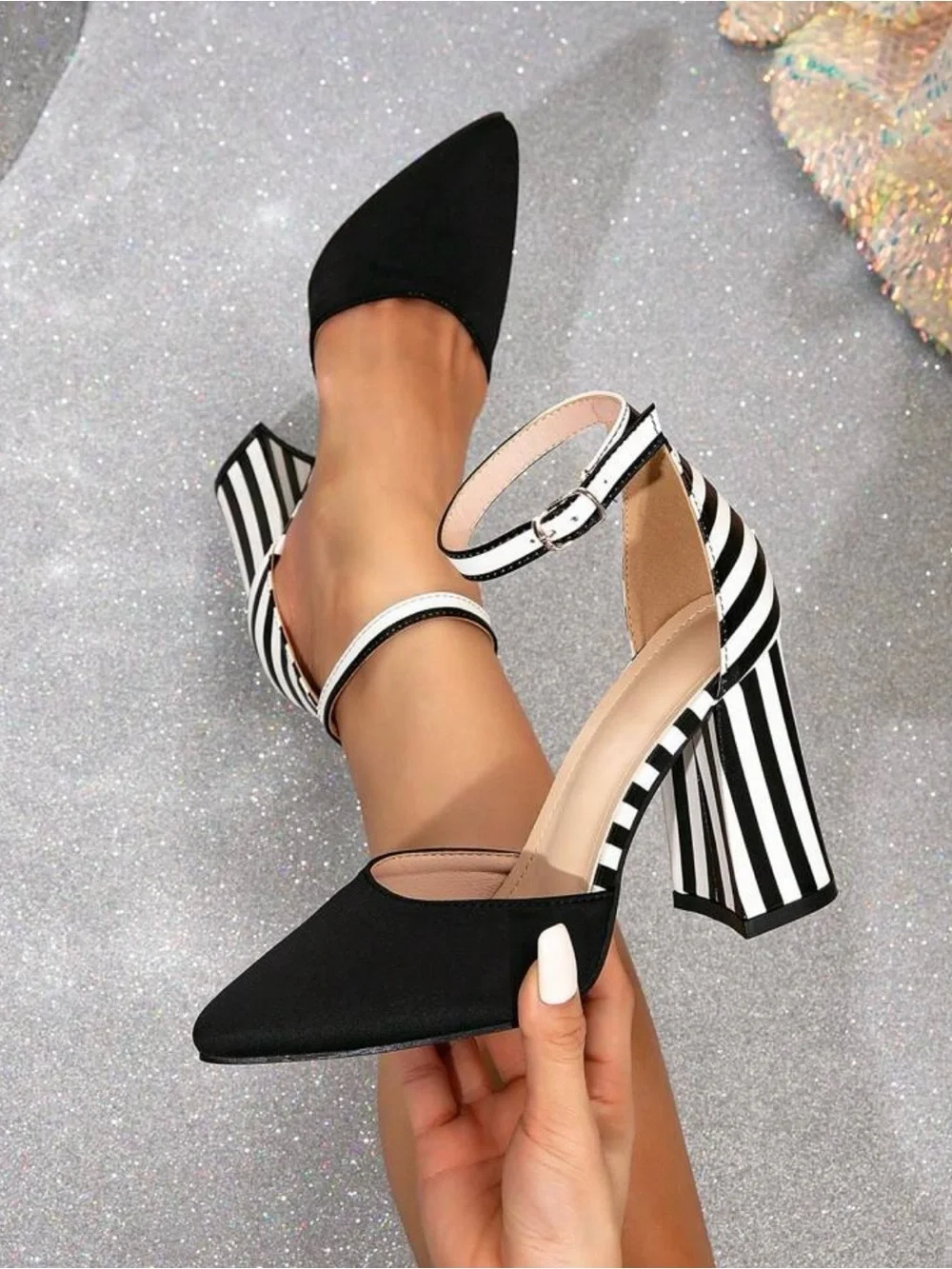 SHEIN Black Pointed Ankle Strap Pumps with Black-and-White Striped Block Heel